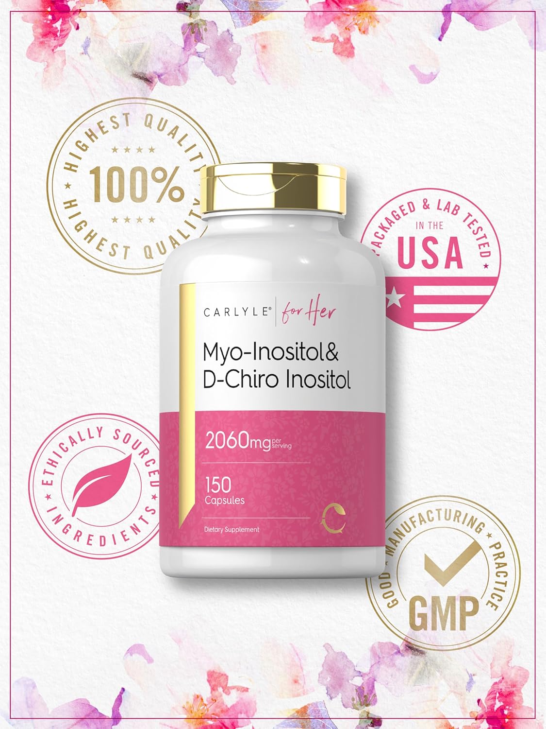 2060mg Myo-Inositol and D-Chiro Inositol Capsules - 150 Count | Non-GMO, Gluten Free Supplement