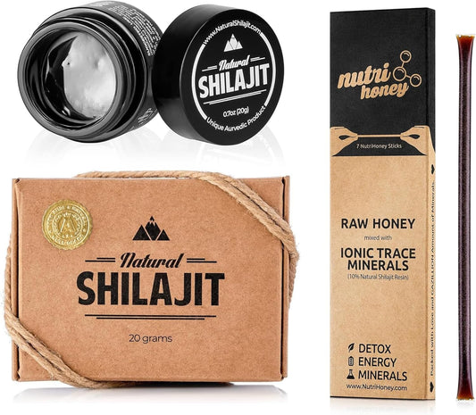 20g Natural Shilajit Resin Supplement with Fulvic Acid, Trace Minerals, and Honey Sticks - 7 Count