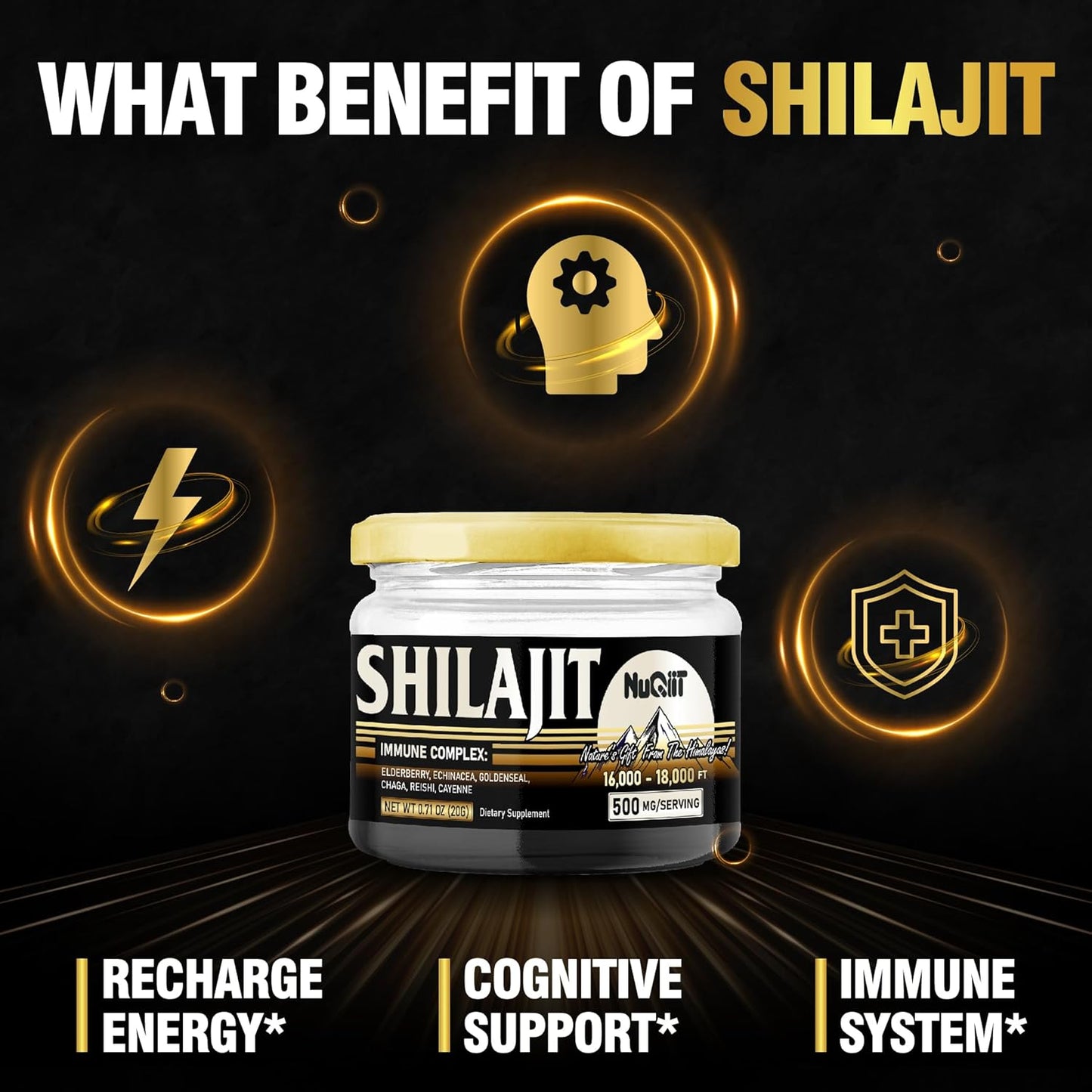20g NUQIIT Shilajit Resin with Elderberry, Echinacea, Goldenseal, Chaga, Reishi, Cayenne - Immune Support Blend