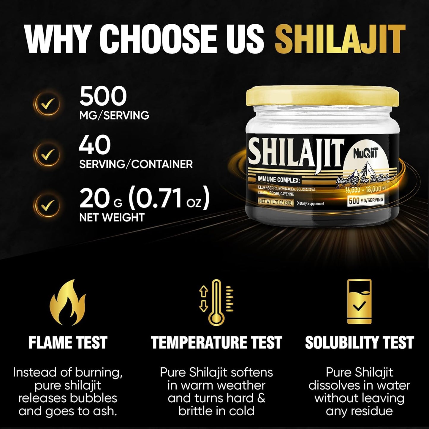 20g NUQIIT Shilajit Resin with Elderberry, Echinacea, Goldenseal, Chaga, Reishi, Cayenne - Immune Support Blend