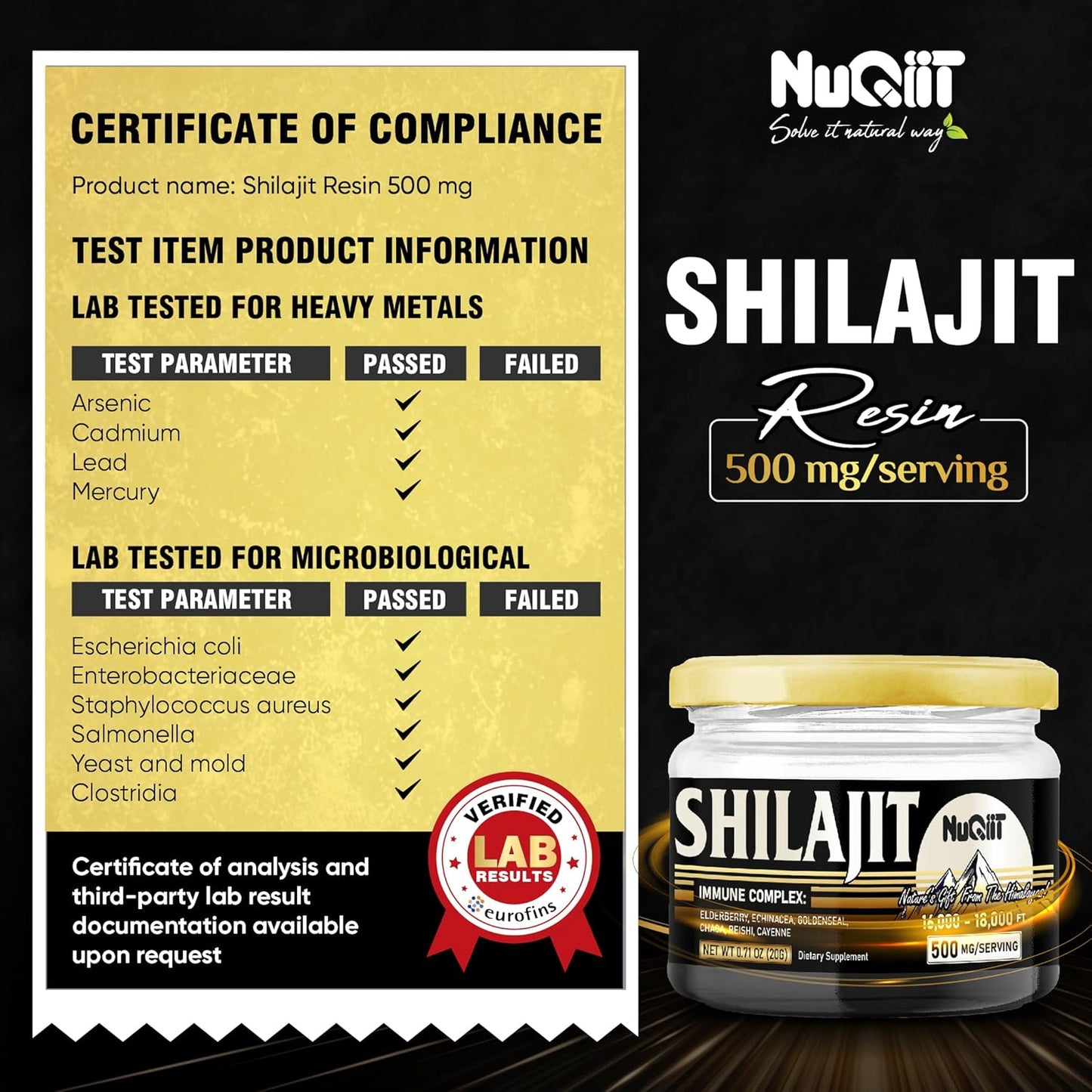 20g NUQIIT Shilajit Resin with Elderberry, Echinacea, Goldenseal, Chaga, Reishi, Cayenne - Immune Support Blend