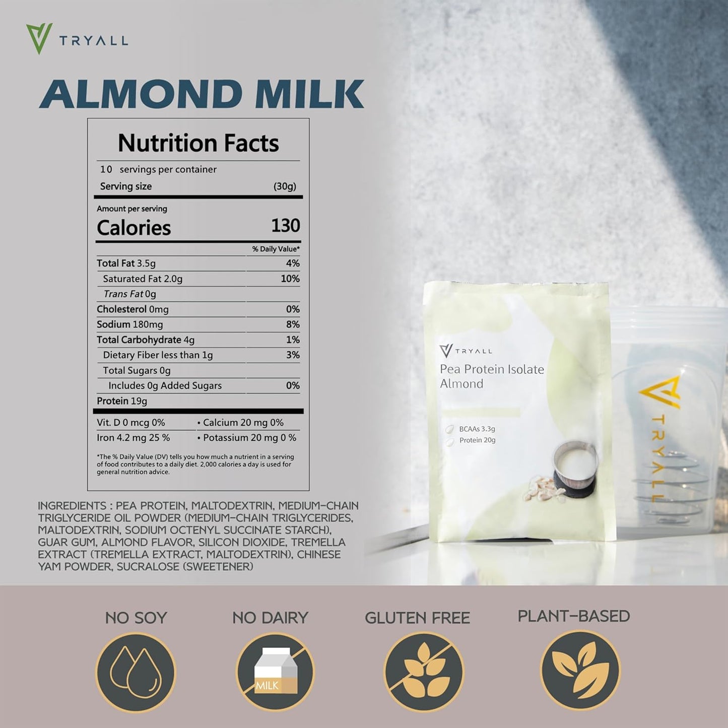 20g Plant-Based Pea Protein Powder Isolate Travel Sachets - Almond Milk Flavor (10 Packs)