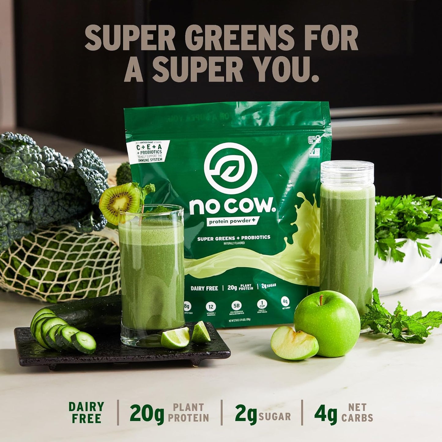20g Plant-Based Protein Powder with 9 Essential Amino Acids, Super Greens, and Probiotics - Ideal for a Healthy Breakfast Start