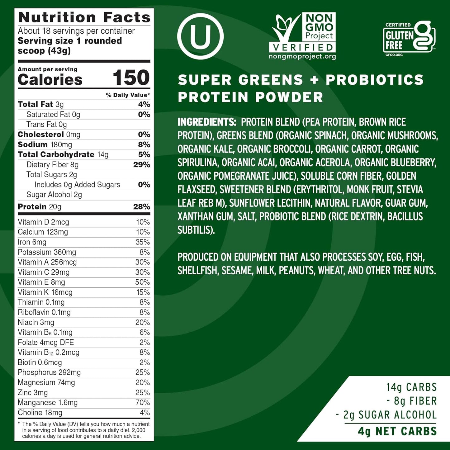 20g Plant-Based Protein Powder with 9 Essential Amino Acids, Super Greens, and Probiotics - Ideal for a Healthy Breakfast Start