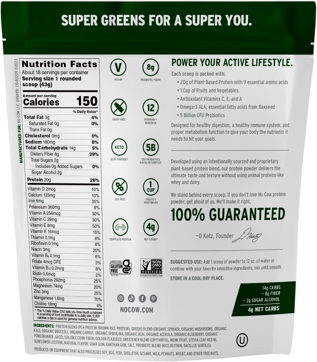 20g Plant-Based Protein Powder with 9 Essential Amino Acids, Super Greens, and Probiotics - Ideal for a Healthy Breakfast Start