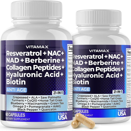 21-in-1 Hair, Nail, Skin & Joint Supplement - Vitamax Resveratrol NAD+ Berberine Hyaluronic Acid - Biotin Grape & Blueberry + NAC - Collagen Peptides - 120 Count - USA Made