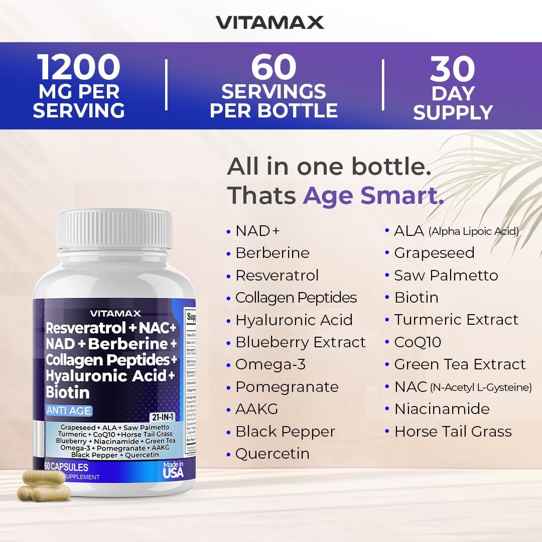 21-in-1 Hair, Nail, Skin & Joint Supplement - Vitamax Resveratrol NAD+ Berberine Hyaluronic Acid - Biotin Grape & Blueberry + NAC - Collagen Peptides - 120 Count - USA Made