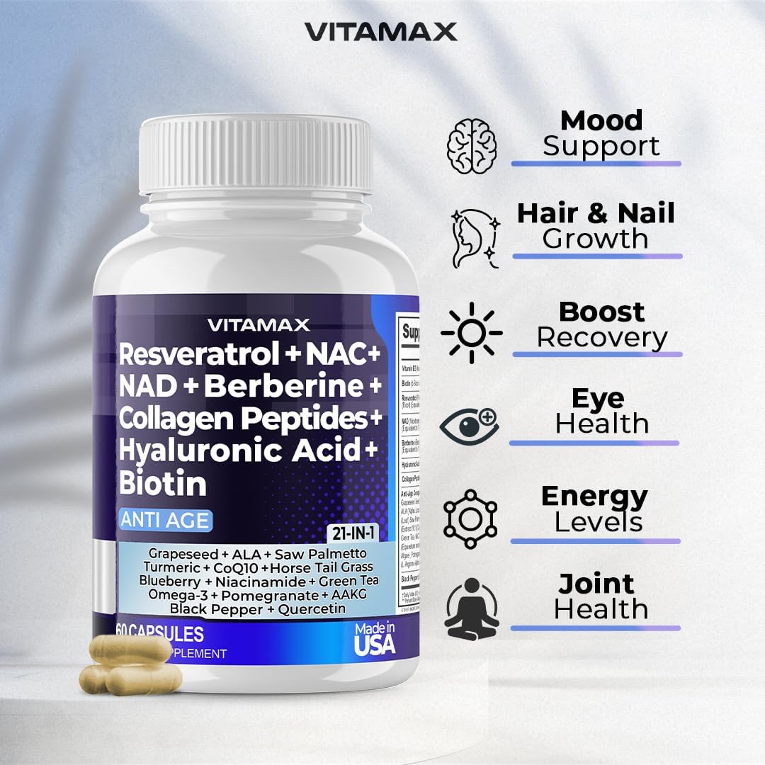 21-in-1 Hair, Nail, Skin & Joint Supplement - Vitamax Resveratrol NAD+ Berberine Hyaluronic Acid - Biotin Grape & Blueberry + NAC - Collagen Peptides - 120 Count - USA Made
