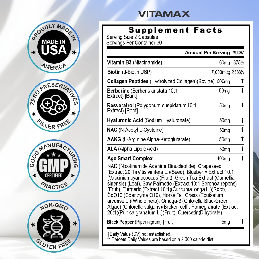 21-in-1 Hair, Nail, Skin & Joint Supplement - Vitamax Resveratrol NAD+ Berberine Hyaluronic Acid - Biotin Grape & Blueberry + NAC - Collagen Peptides - 120 Count - USA Made
