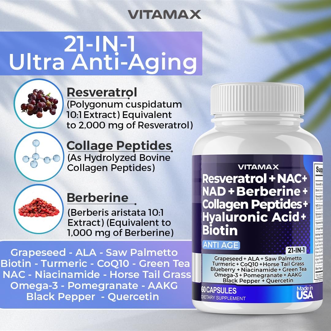 21-in-1 Hair, Nail, Skin & Joint Supplement - Vitamax Resveratrol NAD+ Berberine Hyaluronic Acid - Biotin Grape & Blueberry + NAC - Collagen Peptides - 120 Count - USA Made