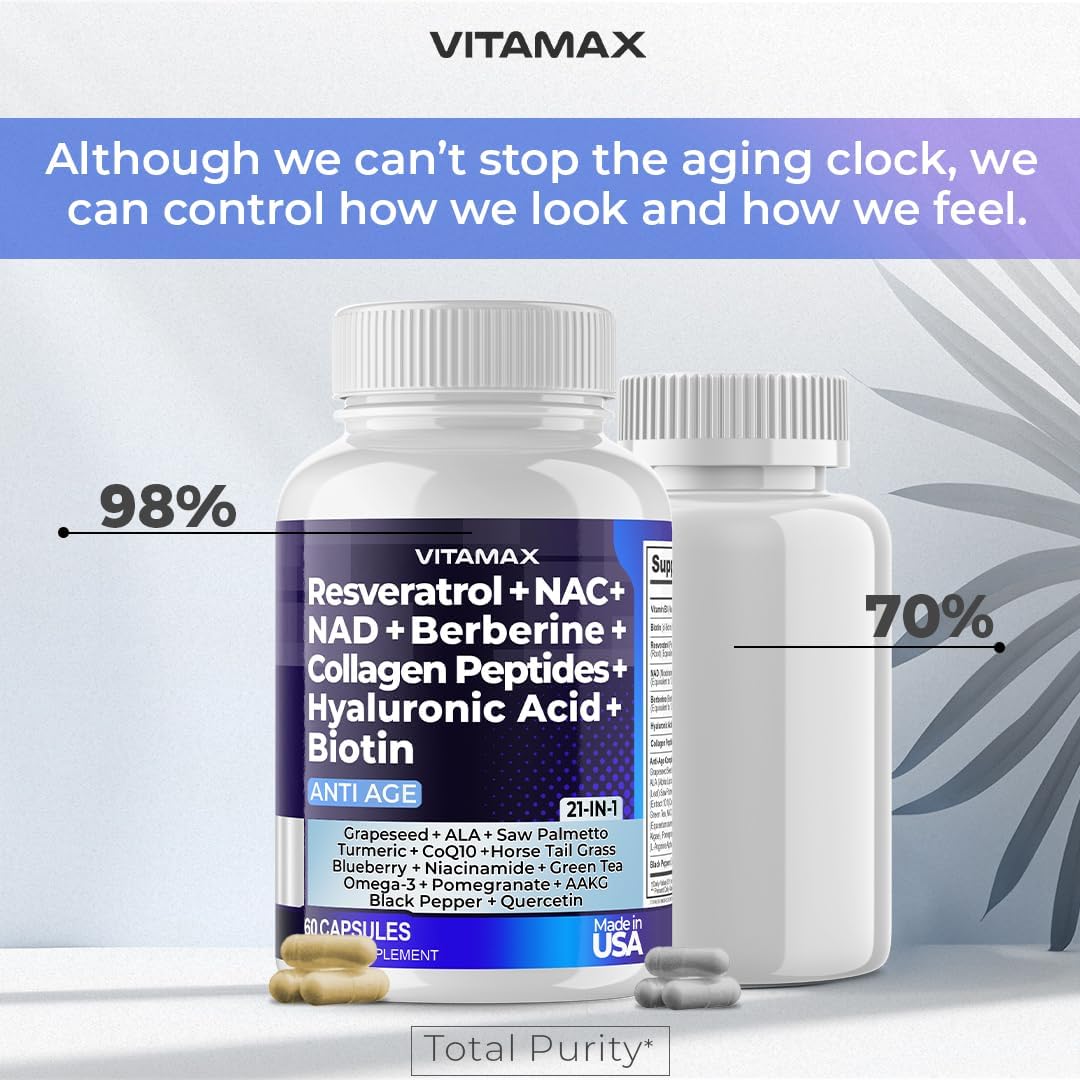 21-in-1 Hair, Nail, Skin & Joint Supplement - Vitamax Resveratrol NAD+ Berberine Hyaluronic Acid - Biotin Grape & Blueberry + NAC - Collagen Peptides - 120 Count - USA Made