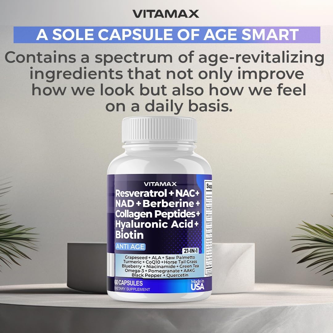 21-in-1 Hair, Nail, Skin & Joint Supplement - Vitamax Resveratrol NAD+ Berberine Hyaluronic Acid - Biotin Grape & Blueberry + NAC - Collagen Peptides - 120 Count - USA Made