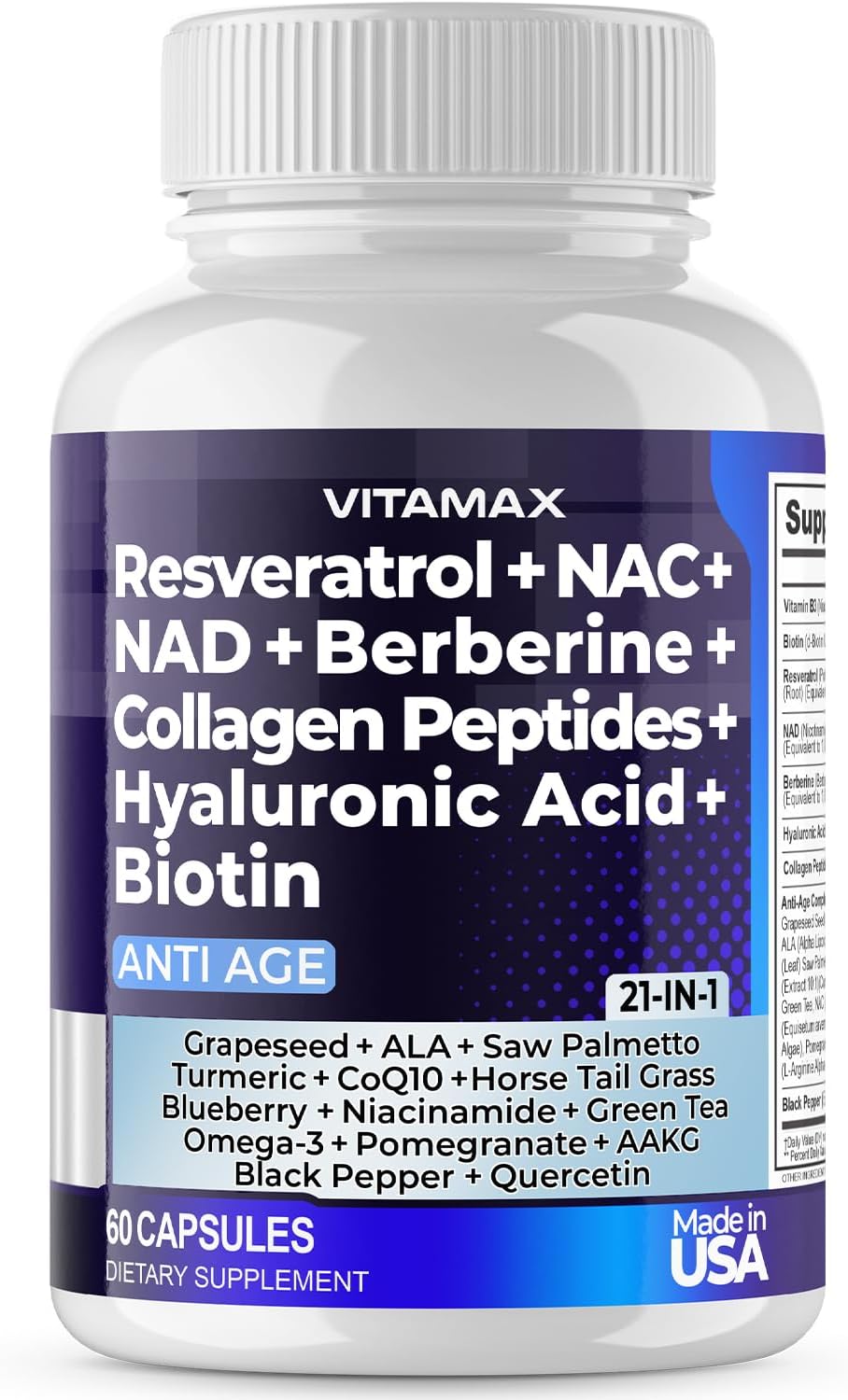 21-in-1 Hair, Skin, Nail, & Joint Supplement with Resveratrol, NAD+, Berberine, and Hyaluronic Acid - Made in USA - 60 Count