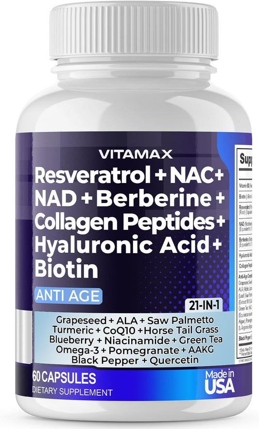 21-in-1 Hair, Skin, Nail, & Joint Supplement with Resveratrol, NAD+, Berberine, and Hyaluronic Acid - Made in USA - 60 Count