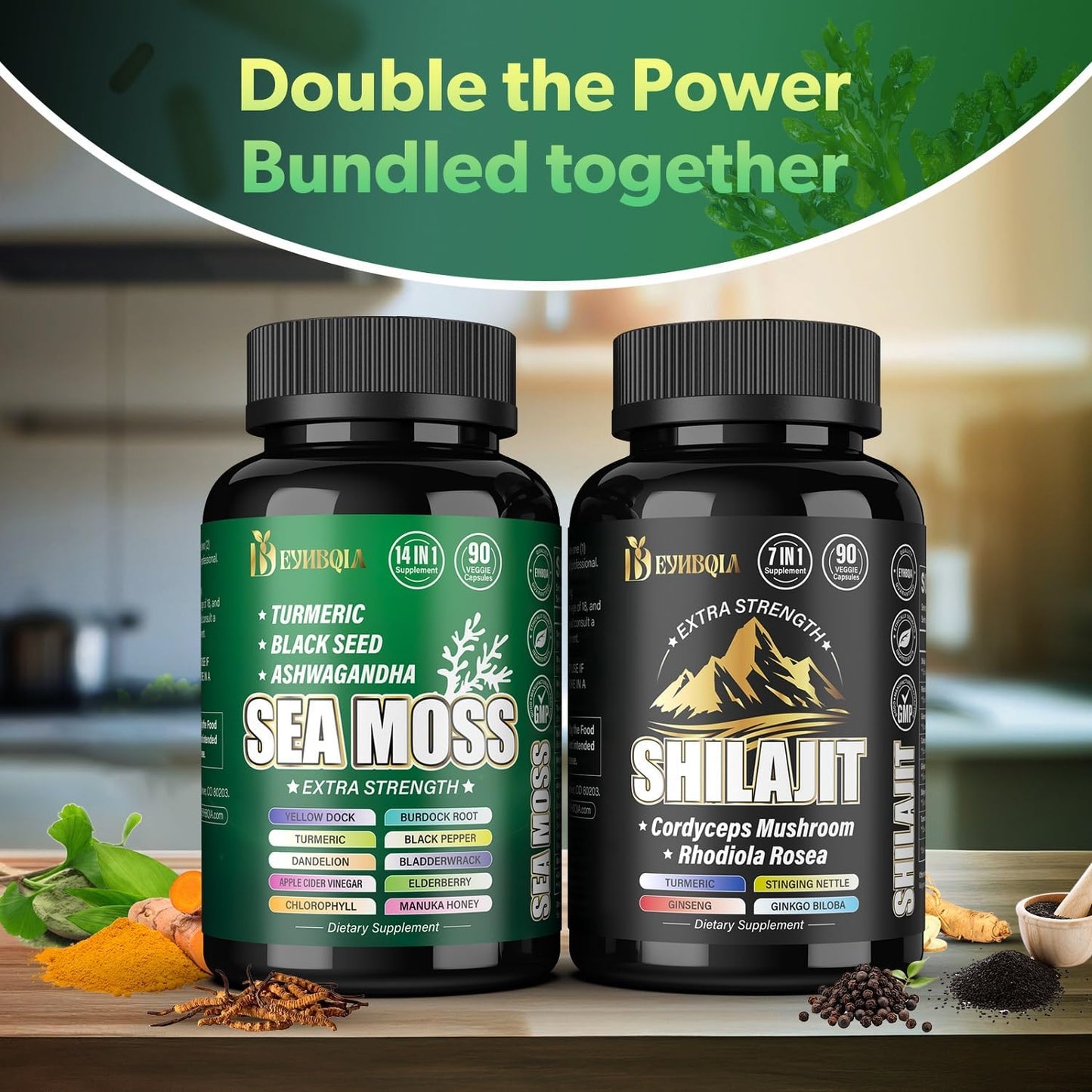 21-in-1 Sea Moss and Shilajit Supplement Bundle - 90 Day Supply - Black Seed Oil, Ashwagandha, Turmeric, Rhodiola Rosea, Burdock, Bladderwrack - 2 Pack