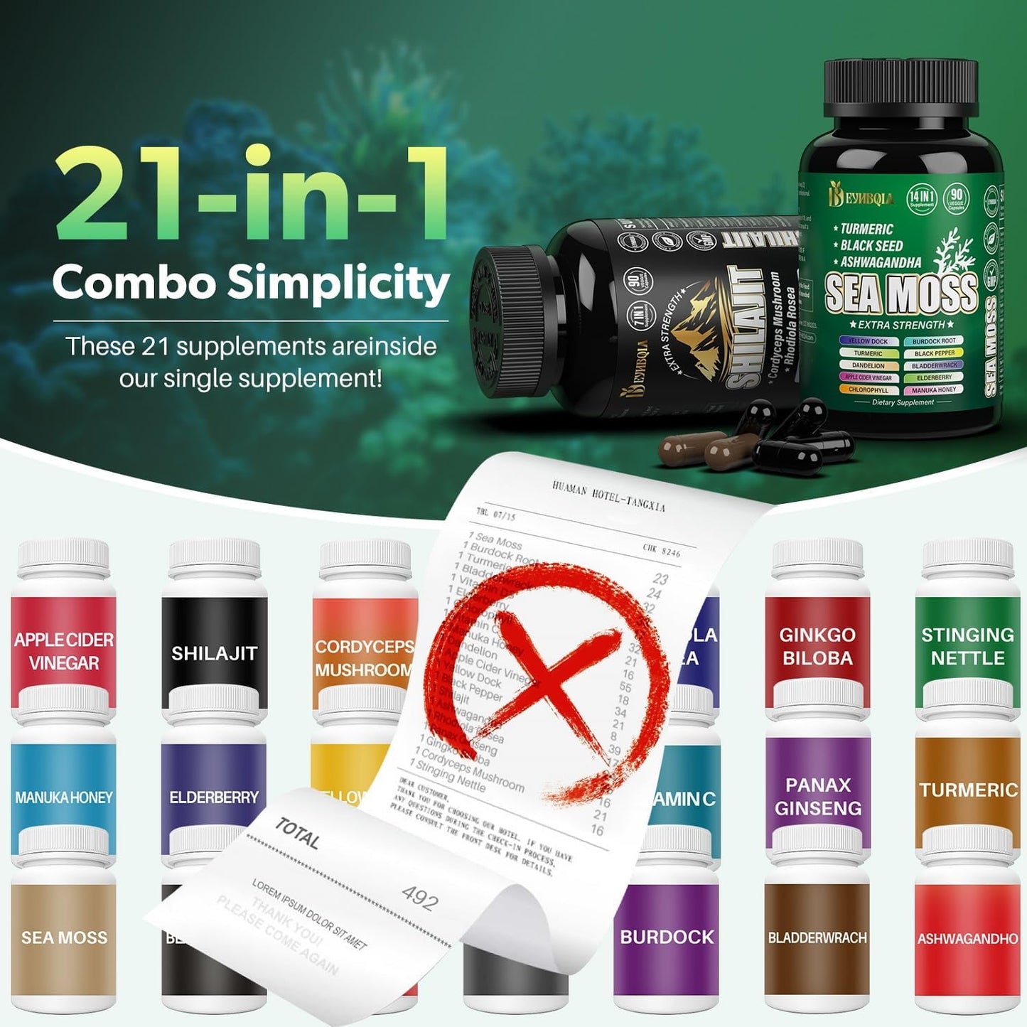 21-in-1 Sea Moss and Shilajit Supplement Bundle - 90 Day Supply - Black Seed Oil, Ashwagandha, Turmeric, Rhodiola Rosea, Burdock, Bladderwrack - 2 Pack