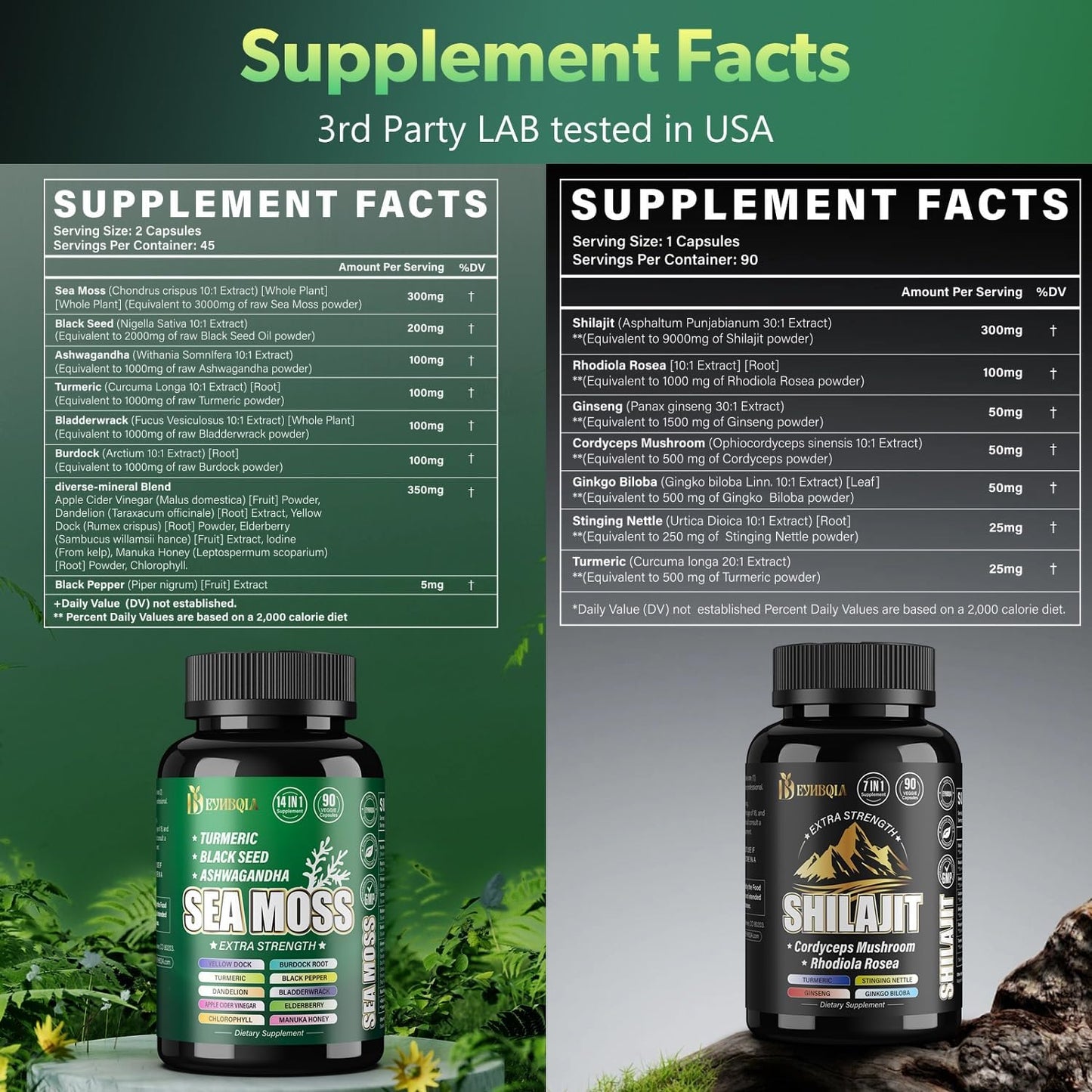 21-in-1 Sea Moss and Shilajit Supplement Bundle - 90 Day Supply - Black Seed Oil, Ashwagandha, Turmeric, Rhodiola Rosea, Burdock, Bladderwrack - 2 Pack