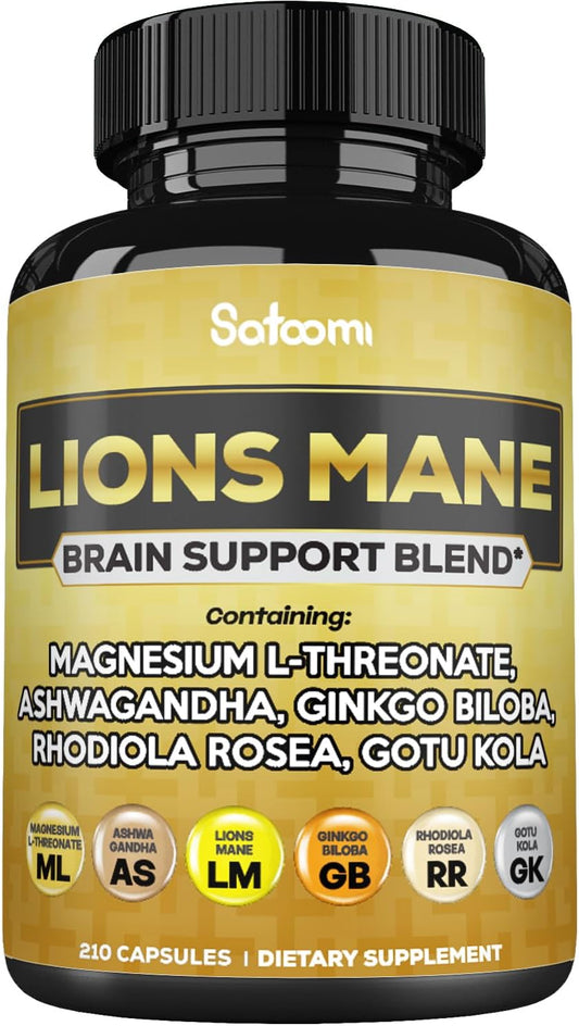 210 Vegan Capsules Lions Mane Supplement with Magnesium L-Threonate, Ashwagandha Root, Ginkgo Biloba, Rhodiola Rosea, and Gotu Kola for Brain Health, Mood & Energy.