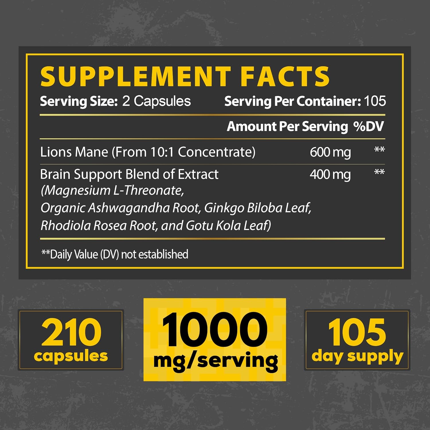 210 Vegan Capsules Lions Mane Supplement with Magnesium L-Threonate, Ashwagandha Root, Ginkgo Biloba, Rhodiola Rosea, and Gotu Kola for Brain Health, Mood & Energy.
