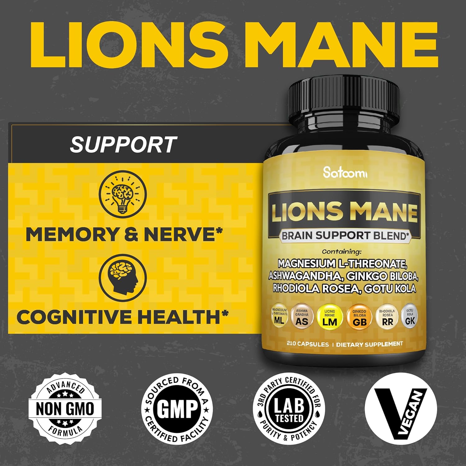 210 Vegan Capsules Lions Mane Supplement with Magnesium L-Threonate, Ashwagandha Root, Ginkgo Biloba, Rhodiola Rosea, and Gotu Kola for Brain Health, Mood & Energy.