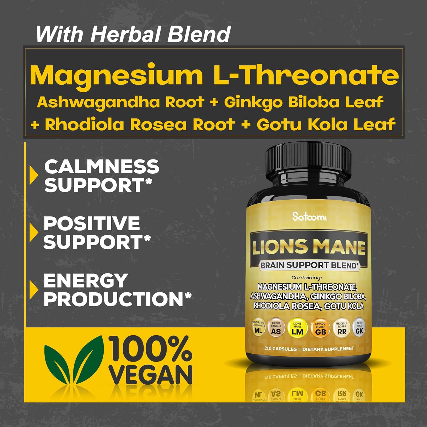 210 Vegan Capsules Lions Mane Supplement with Magnesium L-Threonate, Ashwagandha Root, Ginkgo Biloba, Rhodiola Rosea, and Gotu Kola for Brain Health, Mood & Energy.