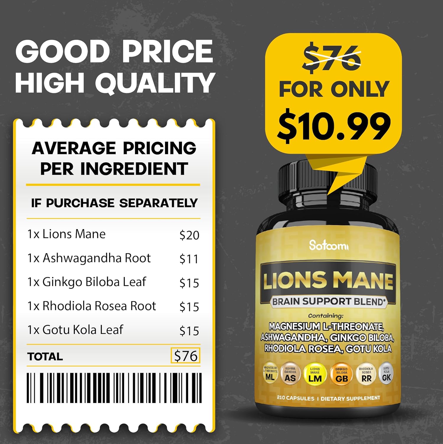 210 Vegan Capsules Lions Mane Supplement with Magnesium L-Threonate, Ashwagandha Root, Ginkgo Biloba, Rhodiola Rosea, and Gotu Kola for Brain Health, Mood & Energy.