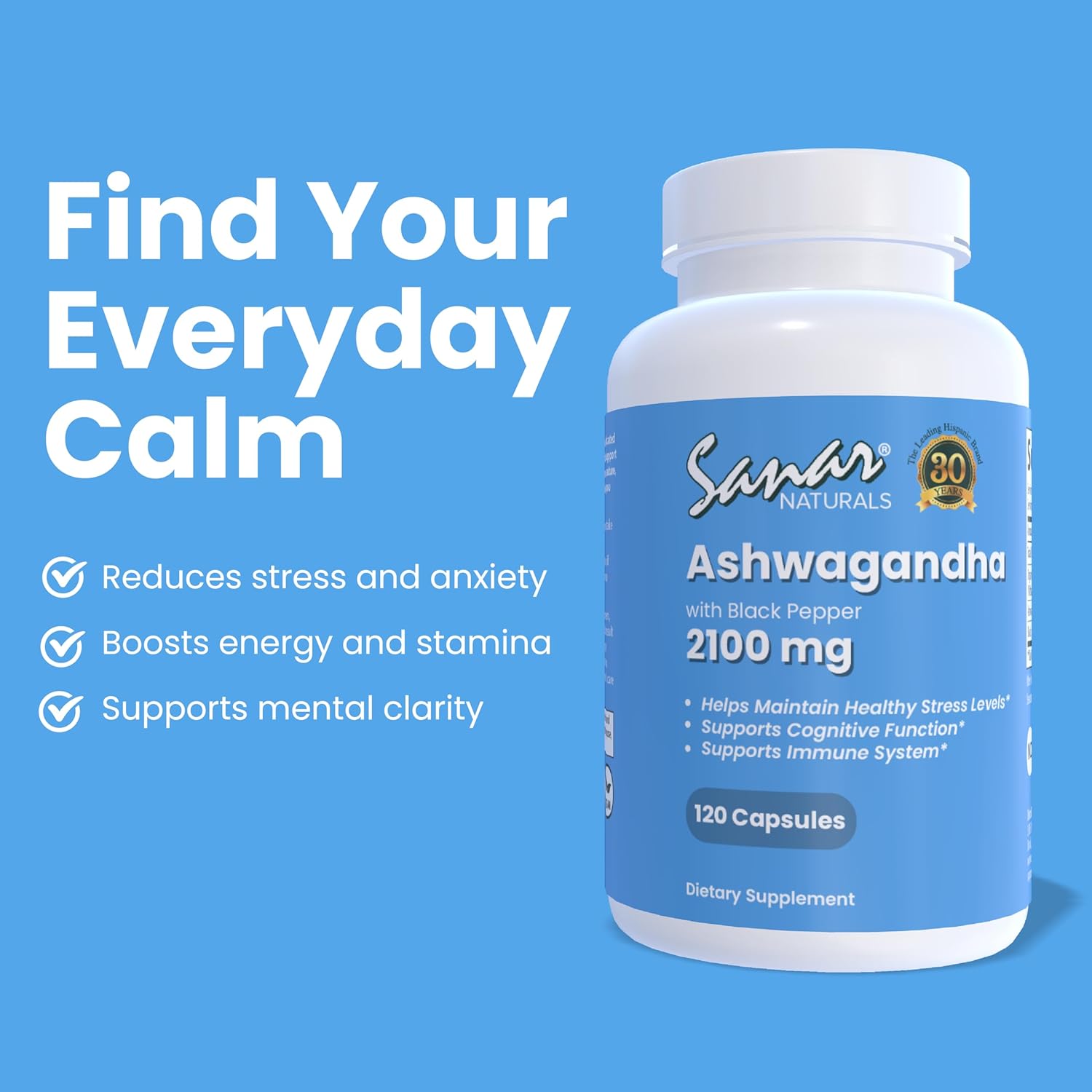 2100mg Ashwagandha Supplement for Stress Relief, Mood Support - 120 Vegan Capsules - Non-GMO Formula for Calm and Focus