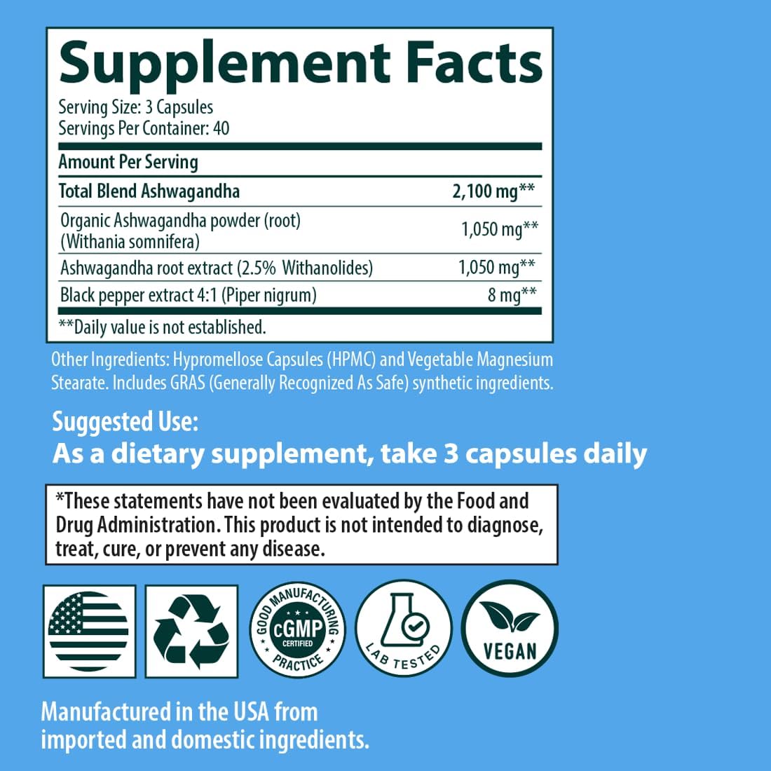 2100mg Ashwagandha Supplement for Stress Relief, Mood Support - 120 Vegan Capsules - Non-GMO Formula for Calm and Focus