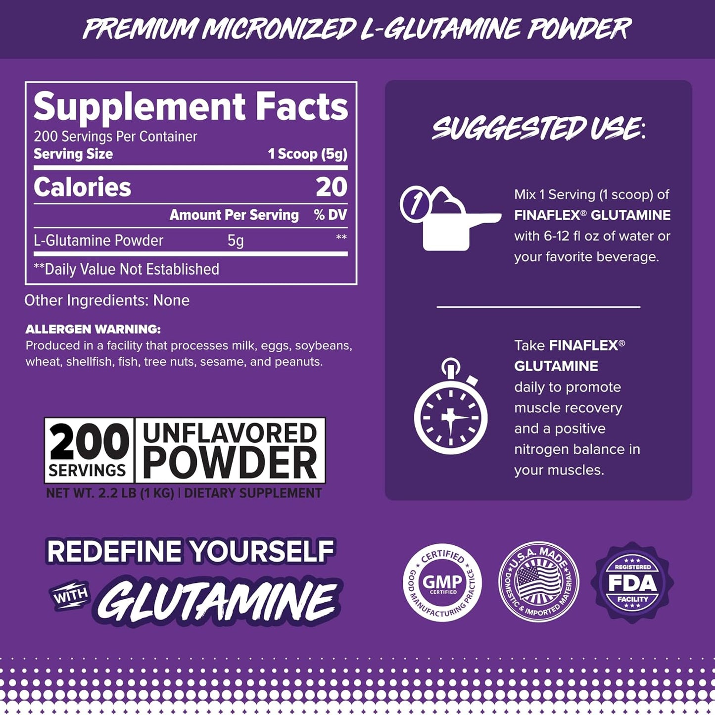 2.2 lbs FINAFLEX Pure Glutamine Powder for Muscle Recovery - Unflavored L-Glutamine Supplement - Supports Nitrogen Levels - 200 Servings