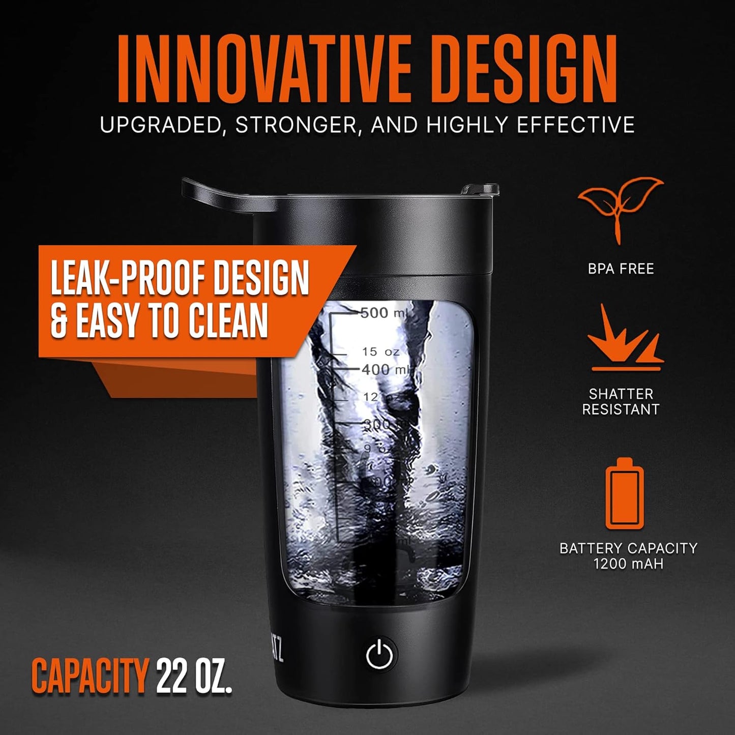 22 Oz Rechargeable Electric Shaker Bottle - Leak-proof Protein Shake Blender - Quick Smooth Drink in 15 Seconds - Ideal for Gym, Coffee, Milkshakes - Black