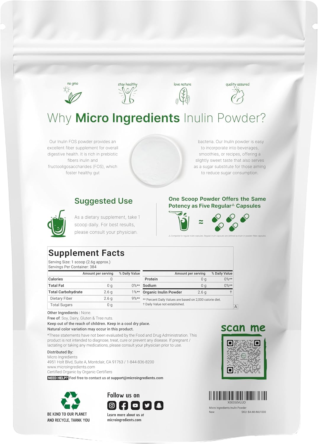 2.2 Pounds Organic Inulin FOS Powder from Jerusalem Artichoke - Water Soluble Prebiotic for Gut Health - Vegan-Friendly Smoothie Fiber