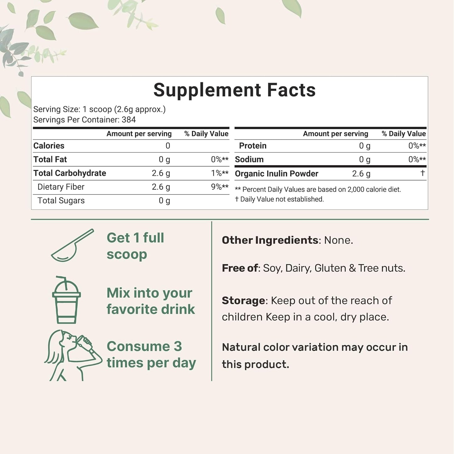 2.2 Pounds Organic Inulin FOS Powder from Jerusalem Artichoke - Water Soluble Prebiotic for Gut Health - Vegan-Friendly Smoothie Fiber
