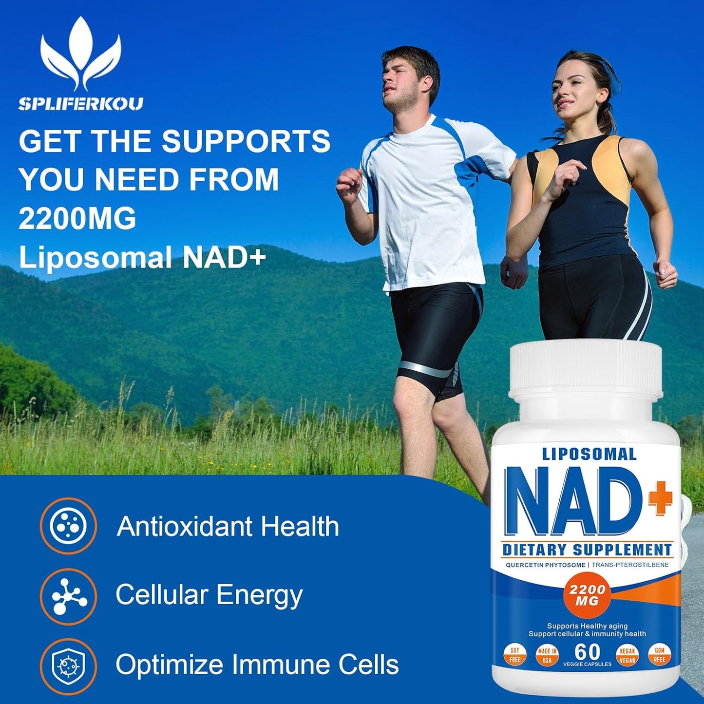2200mg Liposomal NAD+ Supplement for Cellular Energy and Aging Defense - 180 Capsules by Spliferkou