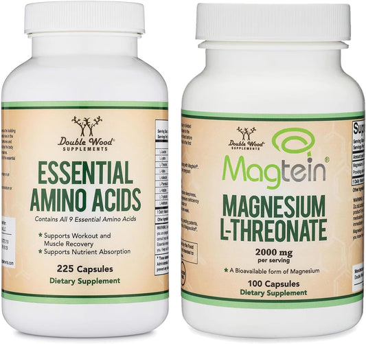 225 Capsules of Double Wood Supplements Essential Amino Acids and 100 Capsules of Magnesium L Threonate, High-Dose Serving Sizes