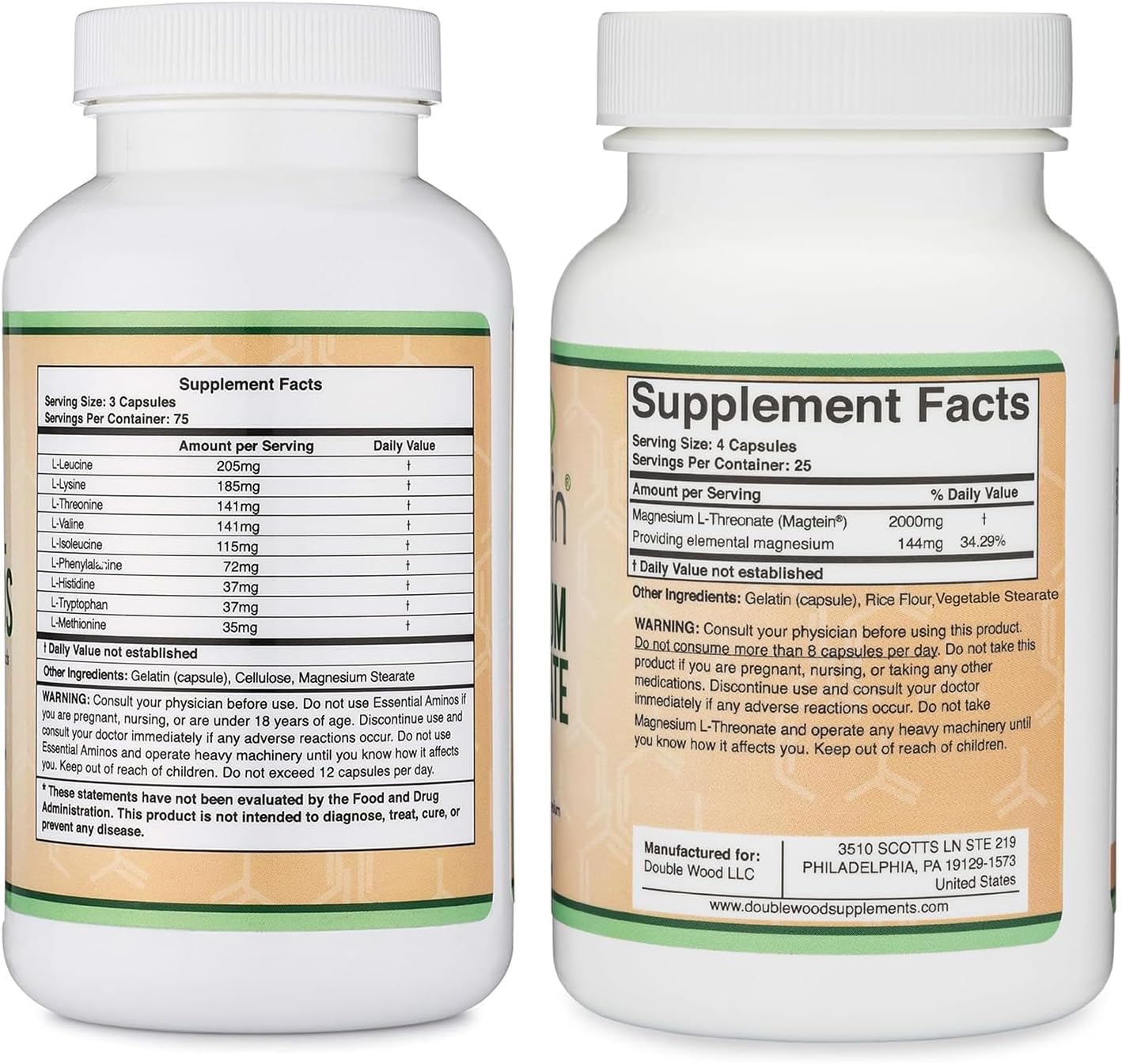 225 Capsules of Double Wood Supplements Essential Amino Acids and 100 Capsules of Magnesium L Threonate, High-Dose Serving Sizes