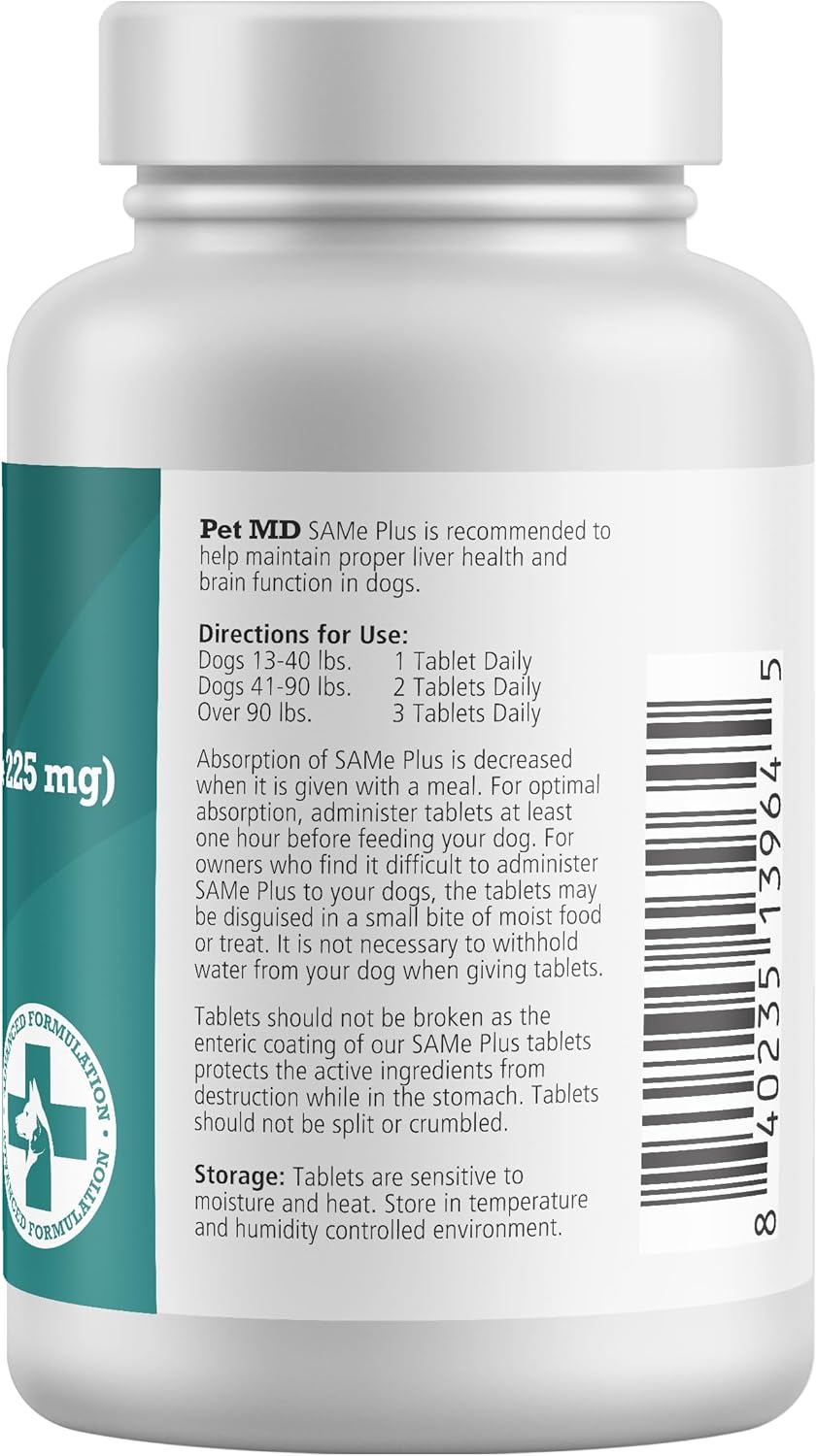 225 MG Pet MD Same Plus S-Adenosyl Liver Supplement for Dogs - 60 Tablets