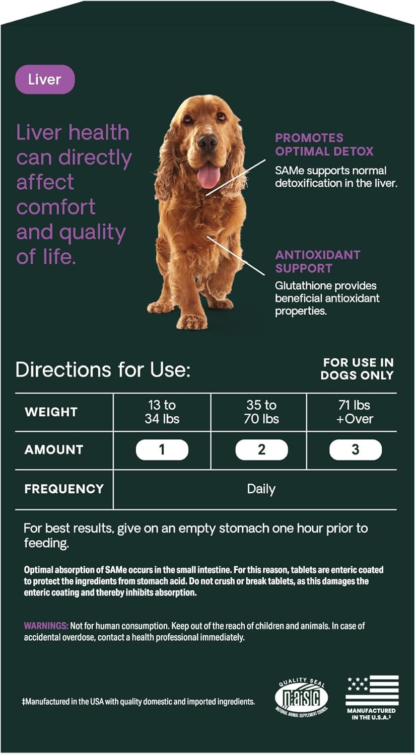 225 mg SAMe Liver Health Tablets for Medium & Large Dogs, Liver Detox & Antioxidant Support, 30 Count