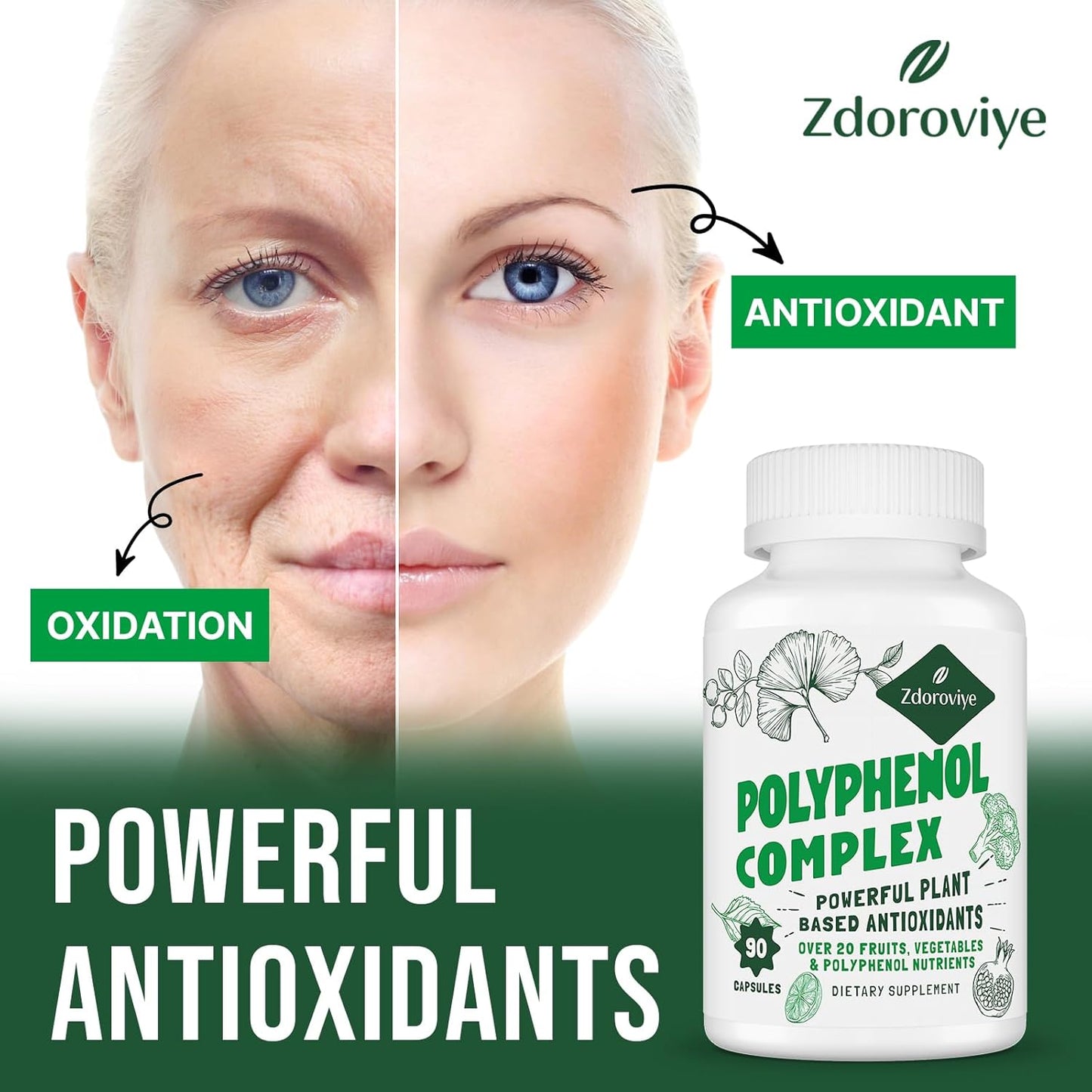 2250 MG Polyphenols Supplement with Quercetin, Resveratrol, Turmeric, Green Tea - Antioxidant Blend for Age Defense - 90 Capsules