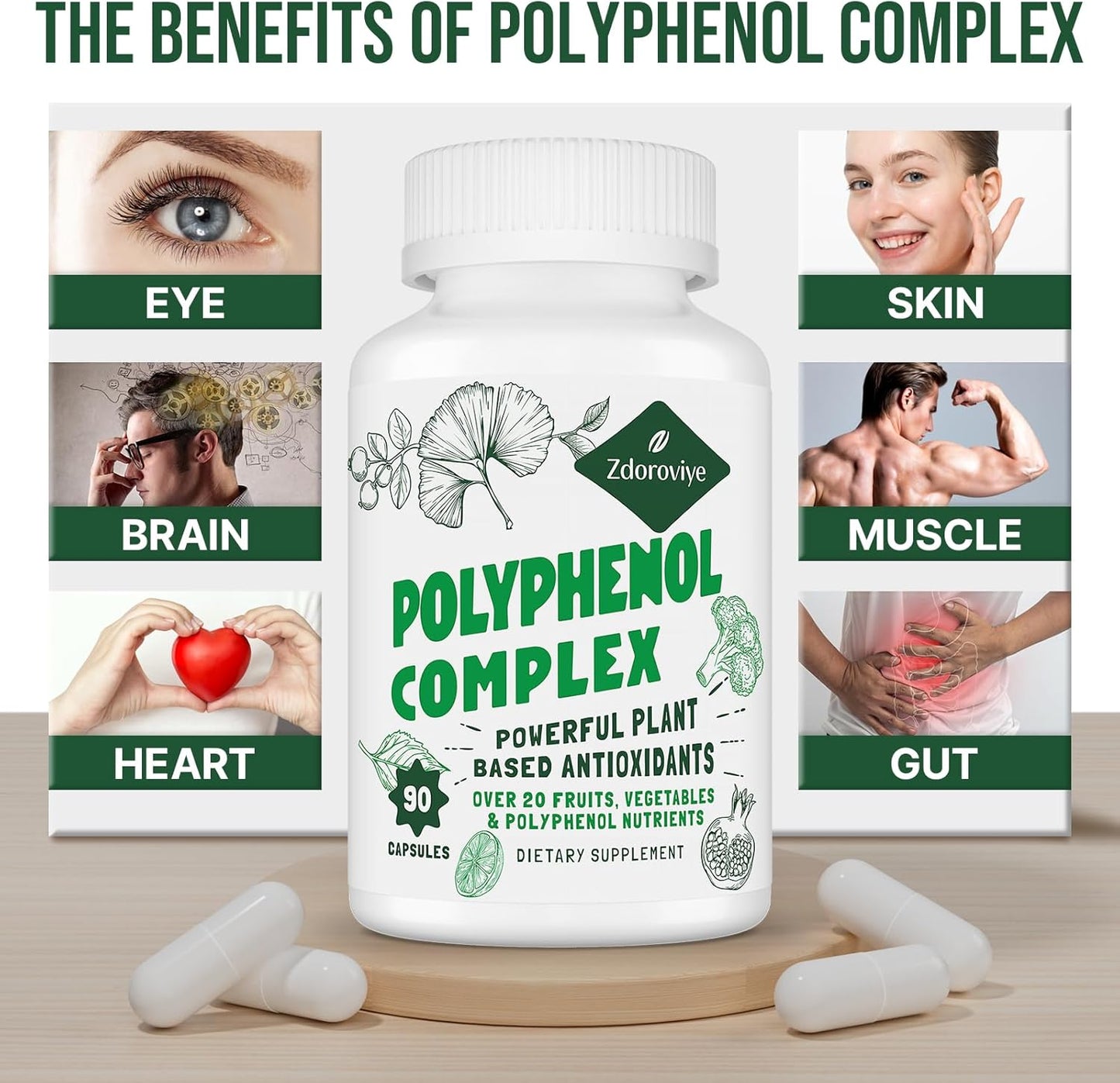 2250 MG Polyphenols Supplement with Quercetin, Resveratrol, Turmeric, Green Tea - Antioxidant Blend for Age Defense - 90 Capsules