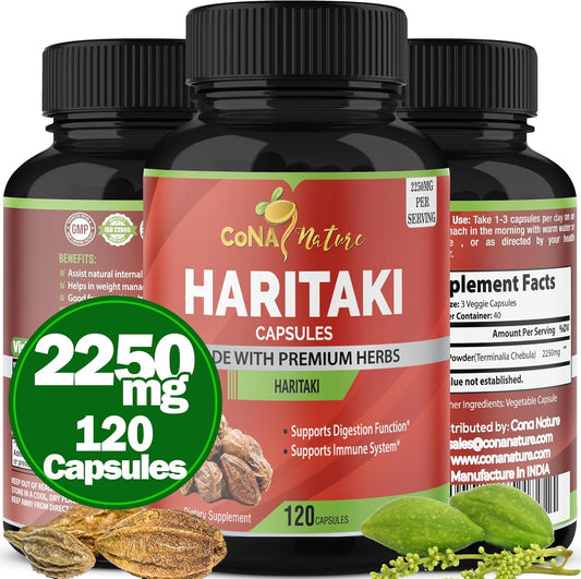 2250MG Cona Nature Organic India Haritaki Capsules for Digestion & Regularity - Vegan Non-GMO Gluten-Free Herbal Supplement, 120 Capsules