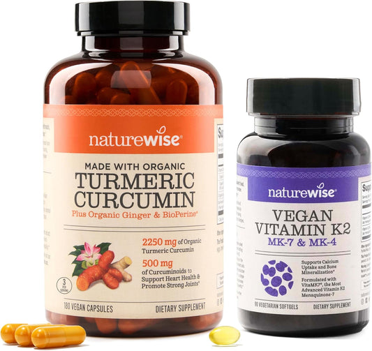 2250mg Curcumin Turmeric with BioPerine, Vegan Vitamin K2 MK-7 & MK4 - 180 Count & 90 Softgels