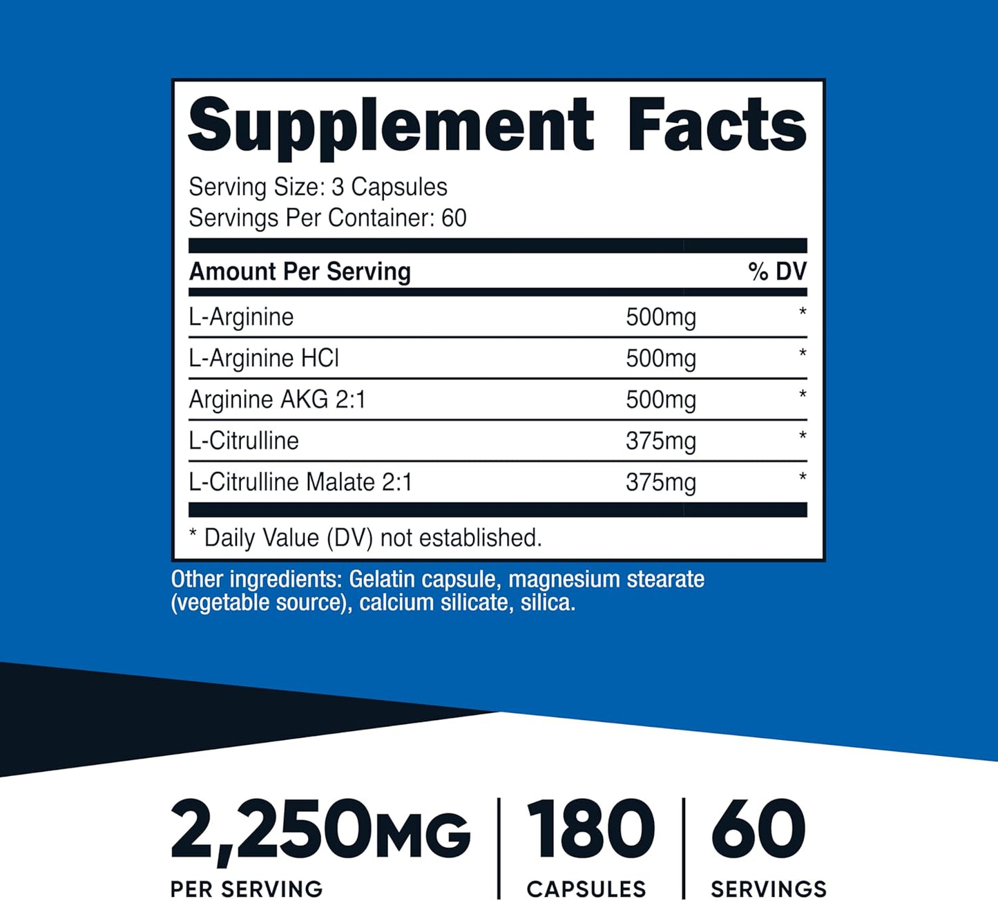 2250mg Nitric Oxide Booster - 180 Capsules, 60 Servings - Gluten Free & Non-GMO - 750mg Per Capsule