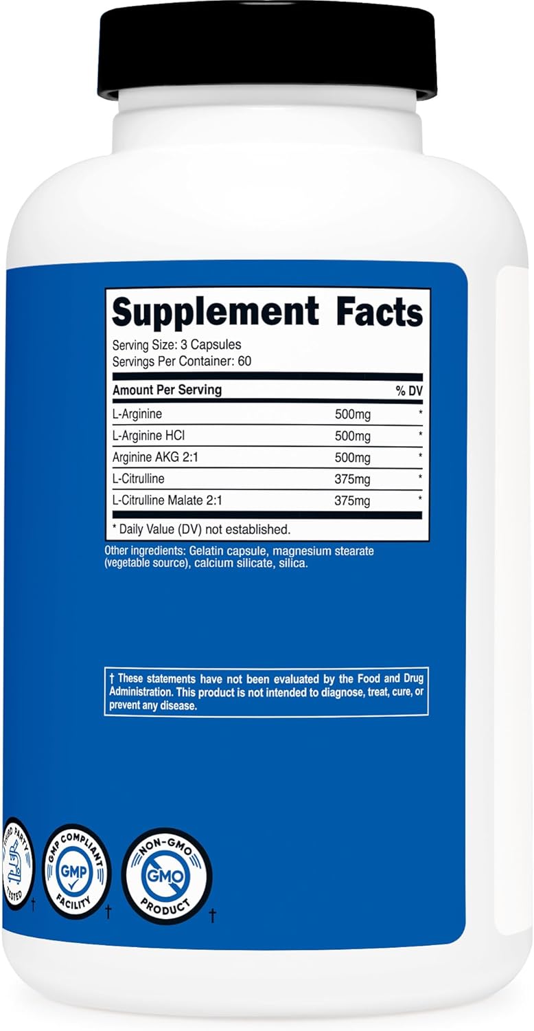 2250mg Nitric Oxide Booster - 180 Capsules, 60 Servings - Gluten Free & Non-GMO - 750mg Per Capsule