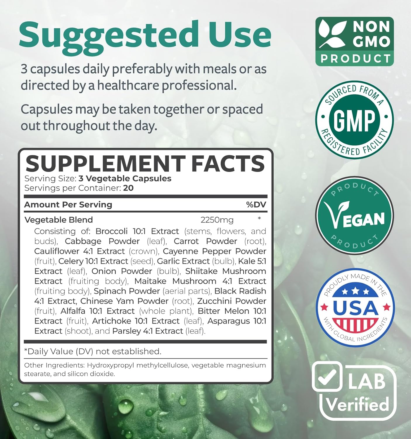 2250mg Super Greens Antioxidants Superfoods Supplement with 20 Ingredients - Sprouts, Mushrooms, Roots, Garlic, Bitter Melon, Artichoke, Celery Seed, Cayenne Pepper, Alfalfa - NON GMO - 60 Capsules by Healths Harmony