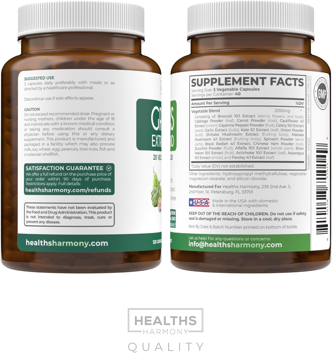 2250mg Super Greens Antioxidants Superfoods Supplement - 20 Ingredients with Sprouts, Mushrooms, Roots - NON GMO - 120 Capsules