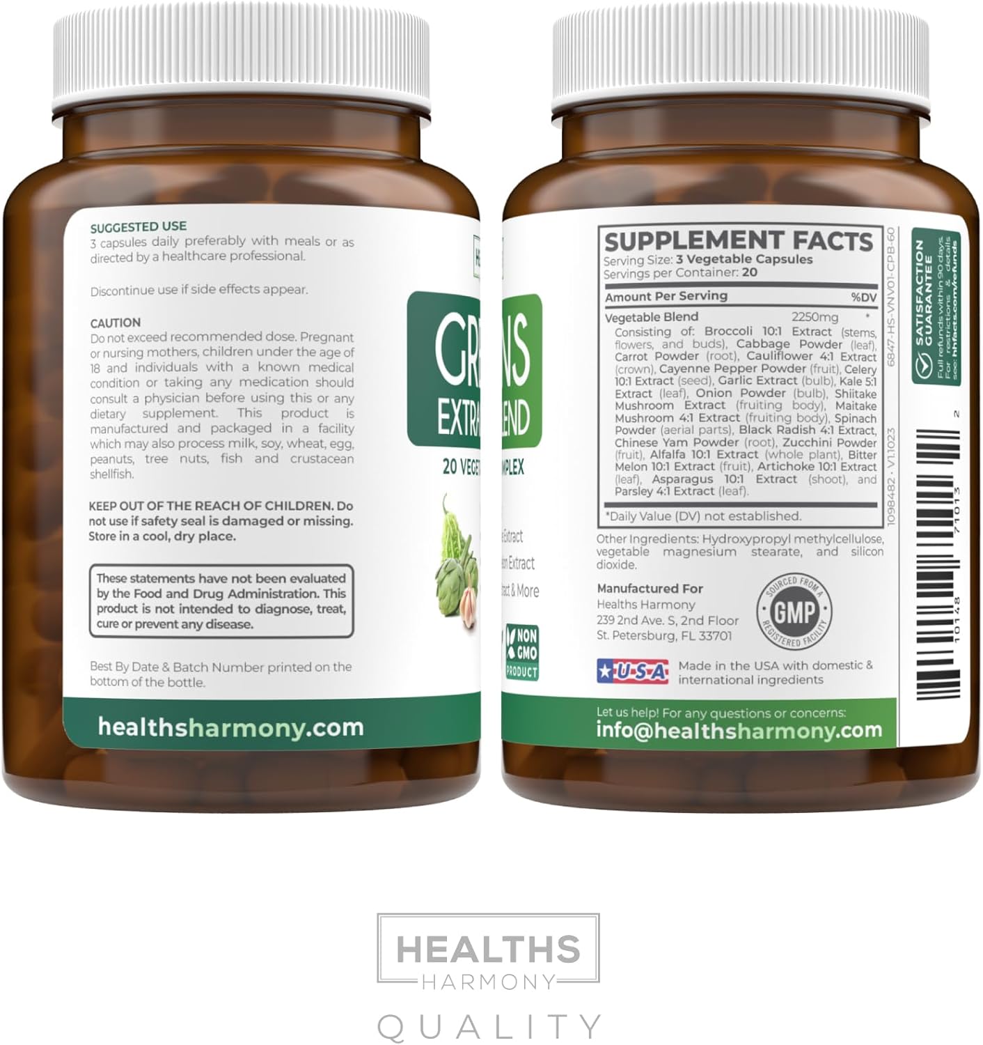 2250mg Super Greens Antioxidants Superfoods Supplement with 20 Ingredients - Sprouts, Mushrooms, Roots, Garlic, Bitter Melon, Artichoke, Celery Seed, Cayenne Pepper, Alfalfa - NON GMO - 60 Capsules by Healths Harmony