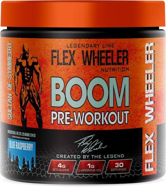 225g of Blue Raspberry Boom Pre Workout by Flex Wheeler Nutrition - 30 Servings