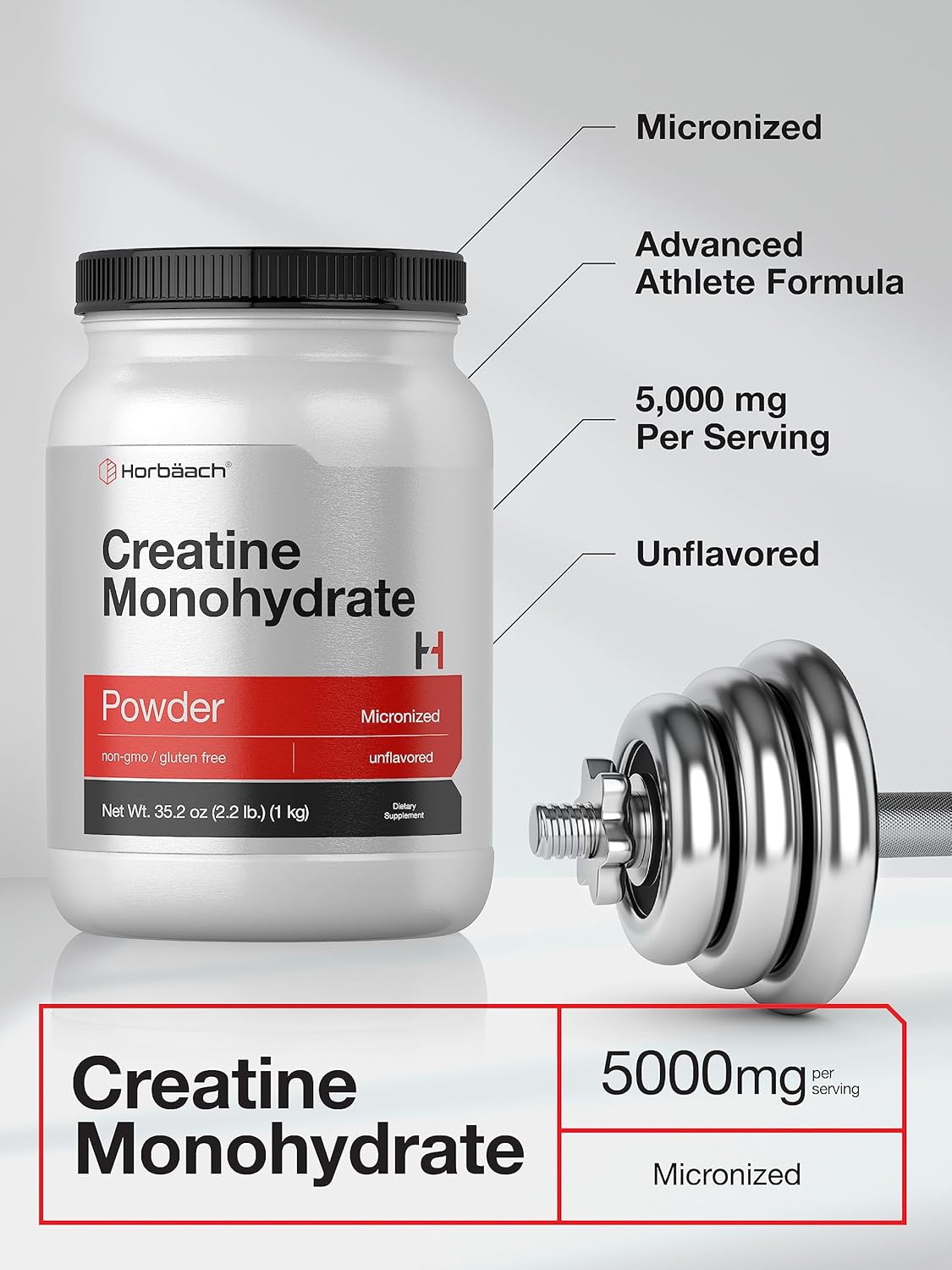 2.2lbs Horbäach Creatine Monohydrate Powder - Micronized, Unflavored, Vegetarian, Non-GMO, Gluten Free