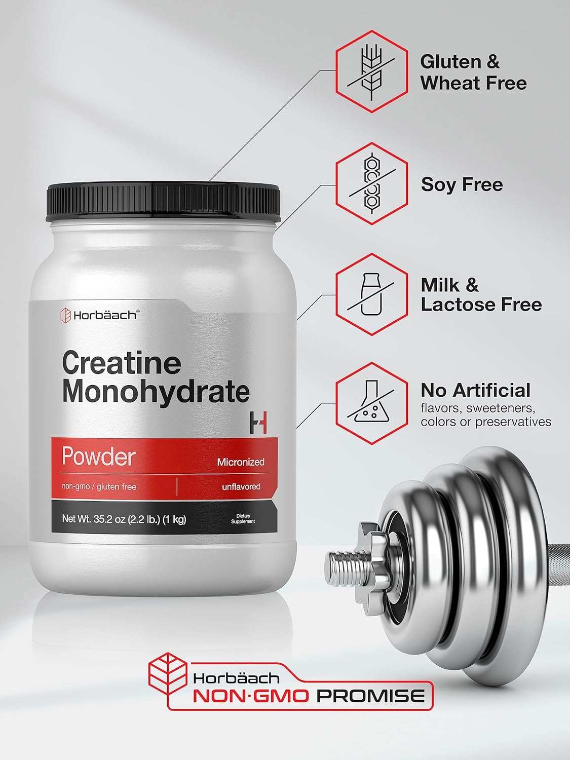 2.2lbs Horbäach Creatine Monohydrate Powder - Micronized, Unflavored, Vegetarian, Non-GMO, Gluten Free