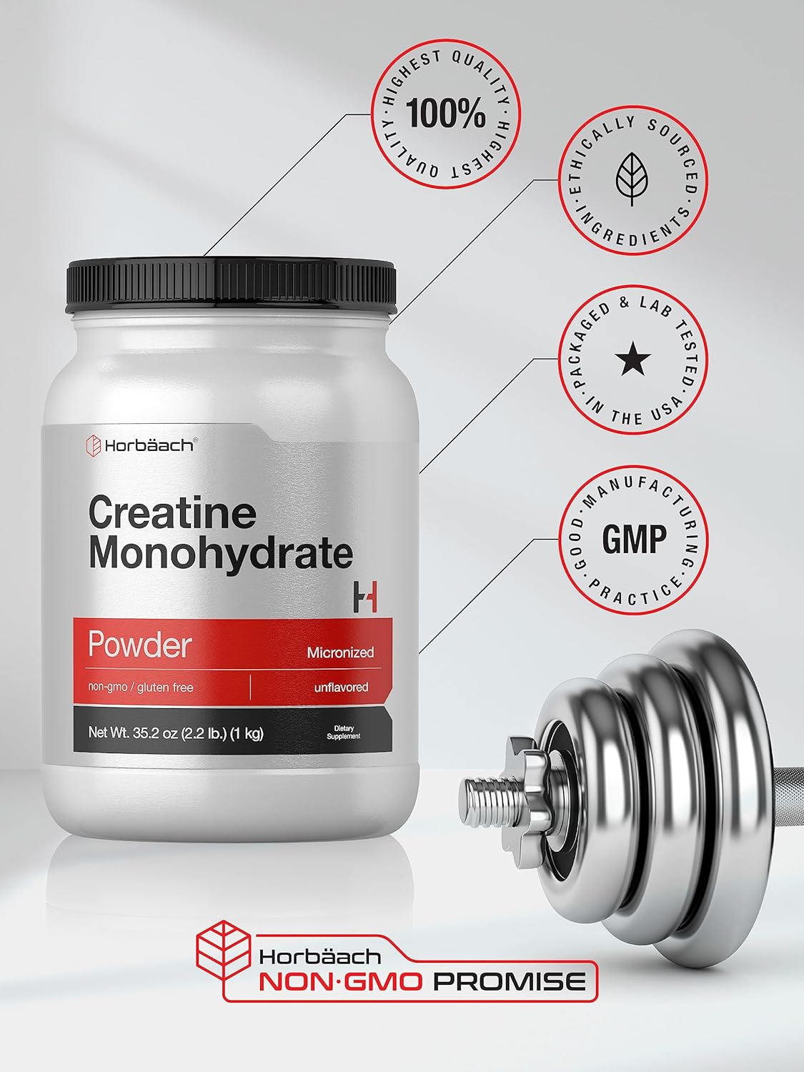 2.2lbs Horbäach Creatine Monohydrate Powder - Micronized, Unflavored, Vegetarian, Non-GMO, Gluten Free